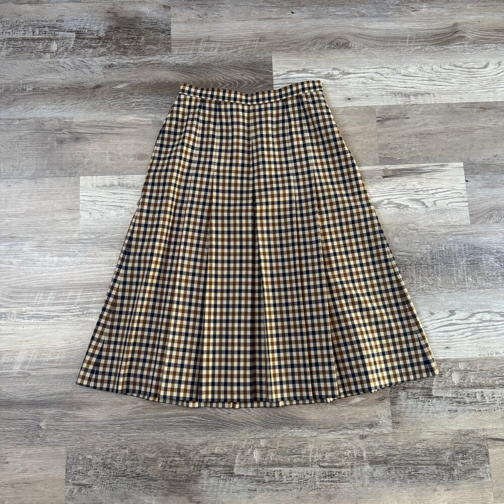 Vintage 80s Aquascutum Wool Plaid Pleated Midi Skirt Dark Academia Old Money S